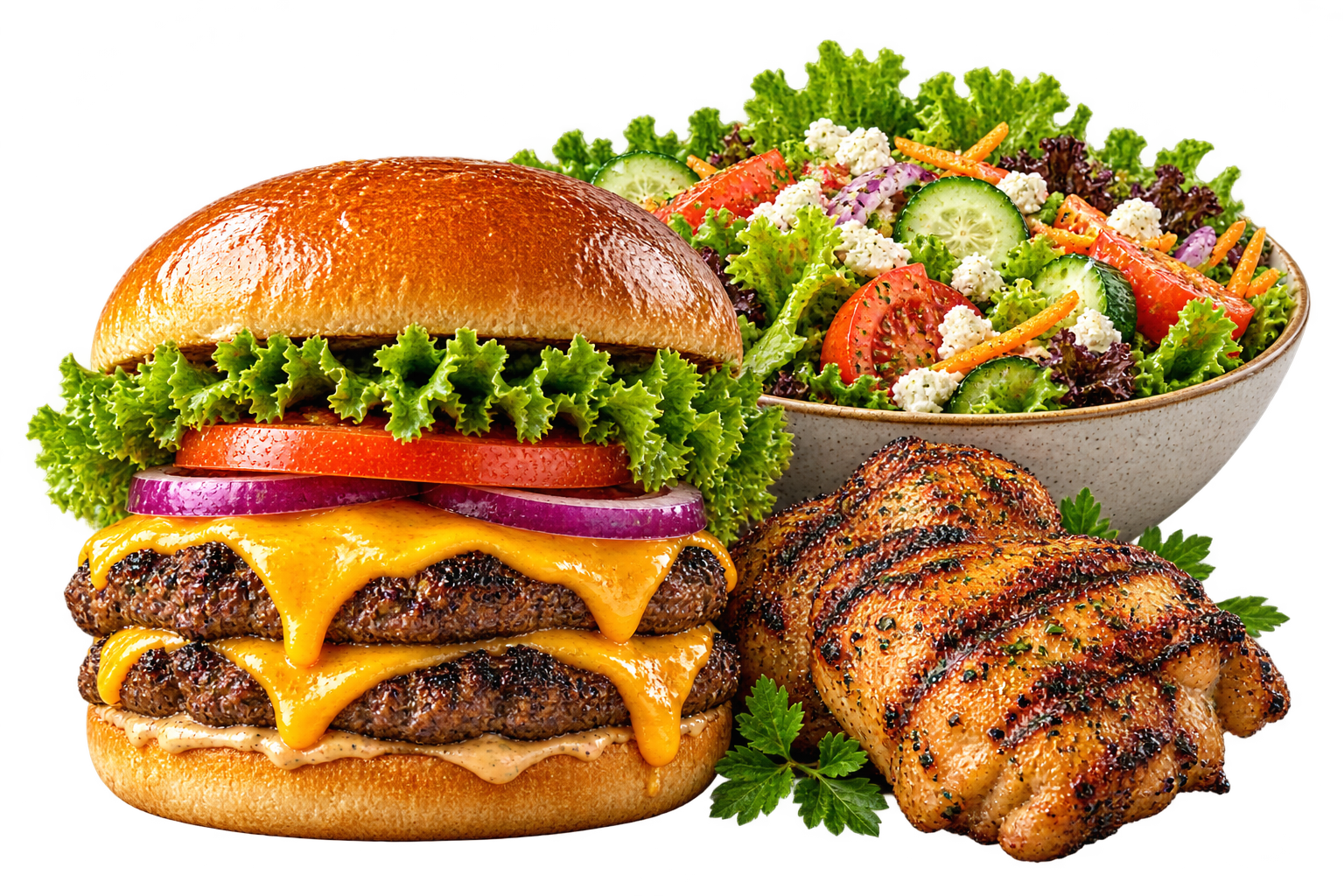 Cheeseburger, garden salad, and grilled chicken